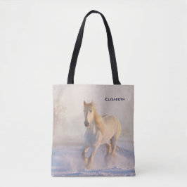 Bolsa Tote Belo Cavalo Branco Galopando na Neve