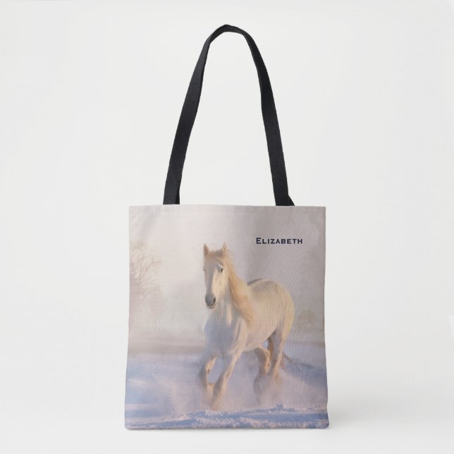 Bolsa Tote Belo Cavalo Branco Galopando na Neve (Frente)
