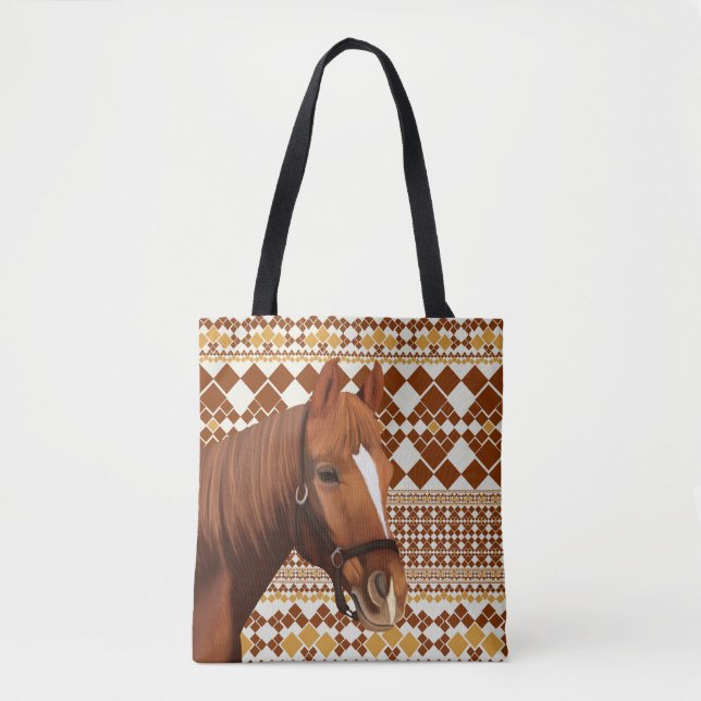 Bolsa Tote Belo Cavalo Marrom no Padrão Geométrico da Terra (Frente)