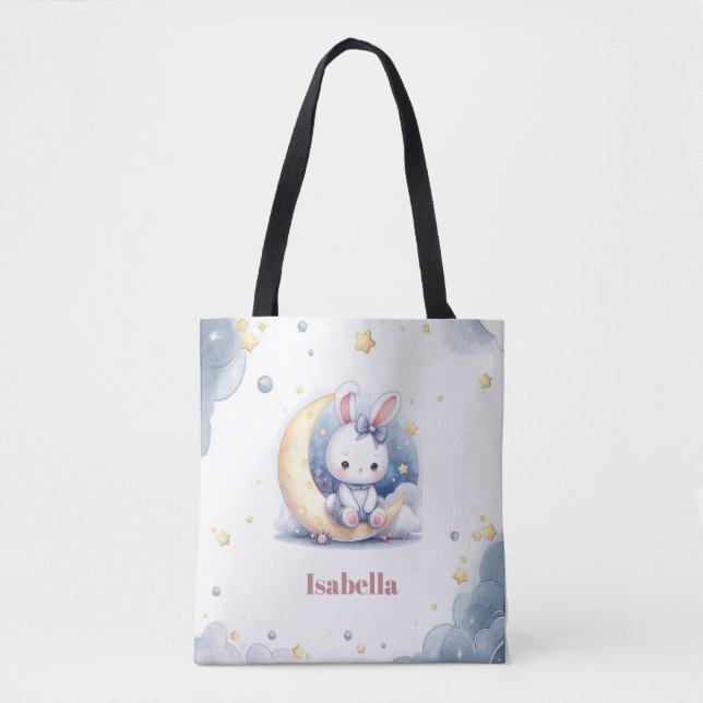 Bolsa Tote belo coelhinho branco sentado na lua (Frente)