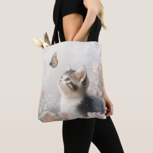 BOLSA TOTE BELO GATINHO PASTEL COM BORBOLETAS & FLORES
