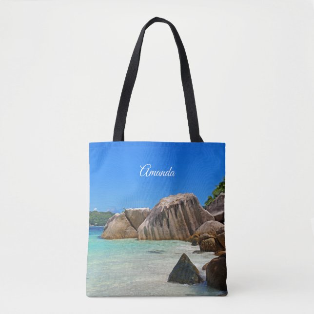 Bolsa Tote Belo Mar Tropical com a costa coberta de rocha (Frente)