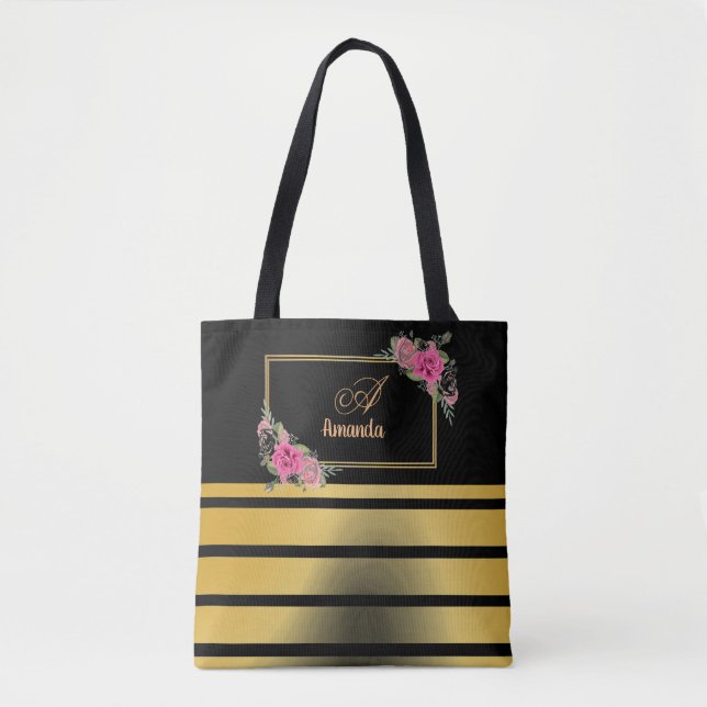 Bolsa Tote Belo Ouro Brilhante Stripes Namorado Monograma (Frente)