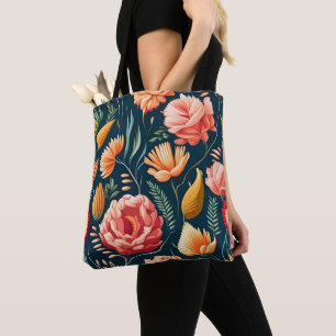 Bolsa Tote Belo padrão rosa, laranja e flor vermelha