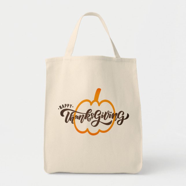 Bolsa Tote Belo Texto Feliz Ação de Graças com Pumpkin Tot (Frente)