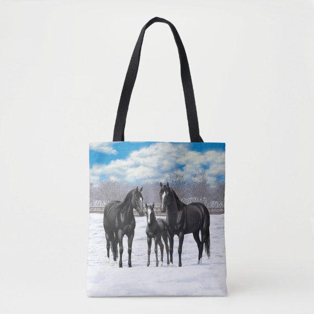 Bolsa Tote Belos Cavalos Do Quarto Negro Na Neve (Frente)