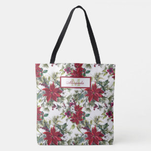 Bolsa Tote Belos Poinsetos Vermelhos e Flores Brancas