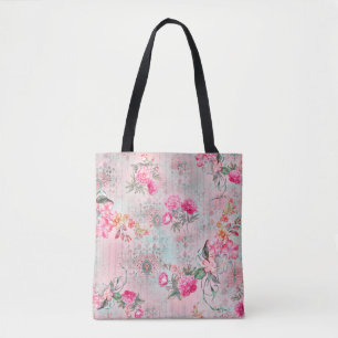 Bolsa Tote Belos rosas sobre a textura de papel vintage