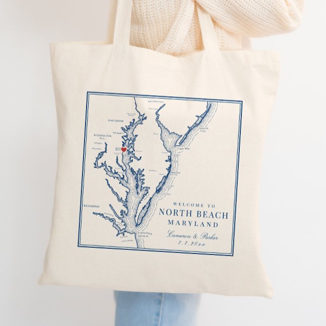 Bolsa Tote Bem-vindo ao Casamento Elegante de Maryland em Nor (Welcome To North Beach Maryland Wedding Tote Bag in elegant navy blue from Coastal Map Designs)