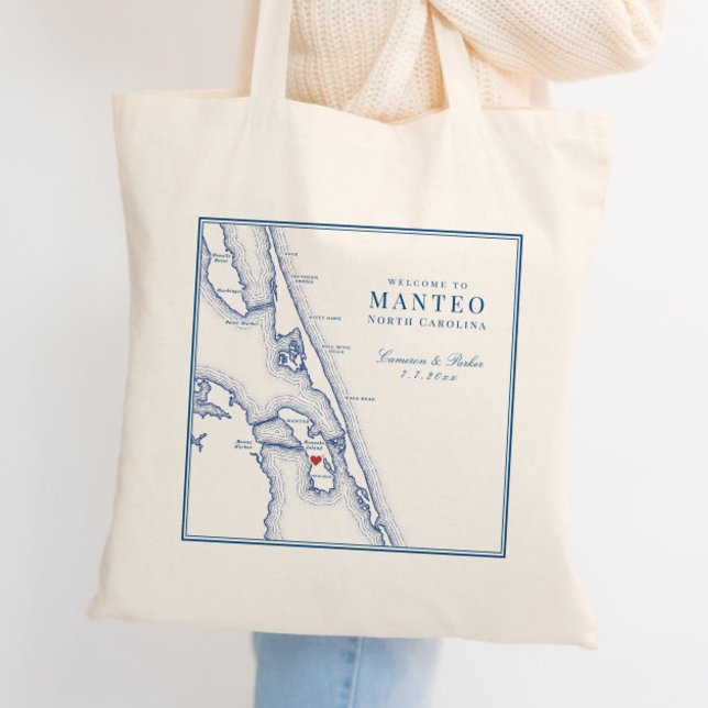 Bolsa Tote Bem-vindo ao Casamento Manteo NC Roanoke (Manteo NC map Wedding Tote Bag or Wedding Favor Welcome Bag by Coastal Map Designs)