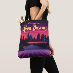 Bolsa Tote Bem-vindo aos Sonhos Neon - paisagem urbana de ond