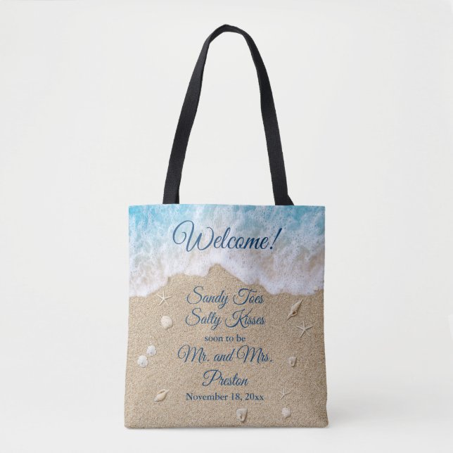 Bolsa Tote Bem-vindo Design de Cheio de Sandy Toes Blue Beach (Frente)