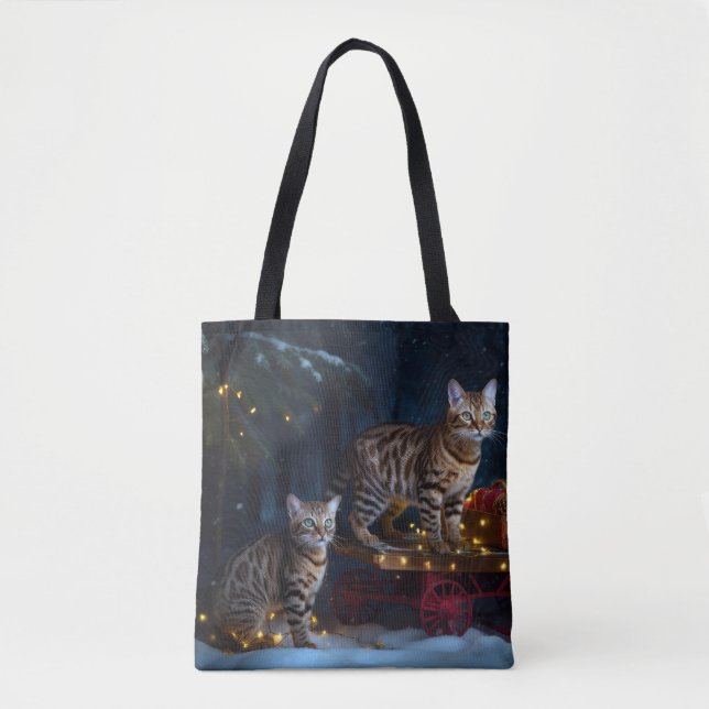 Bolsa Tote Bengala Cat Snowy Sleigh Passear Decência de Natal (Frente)