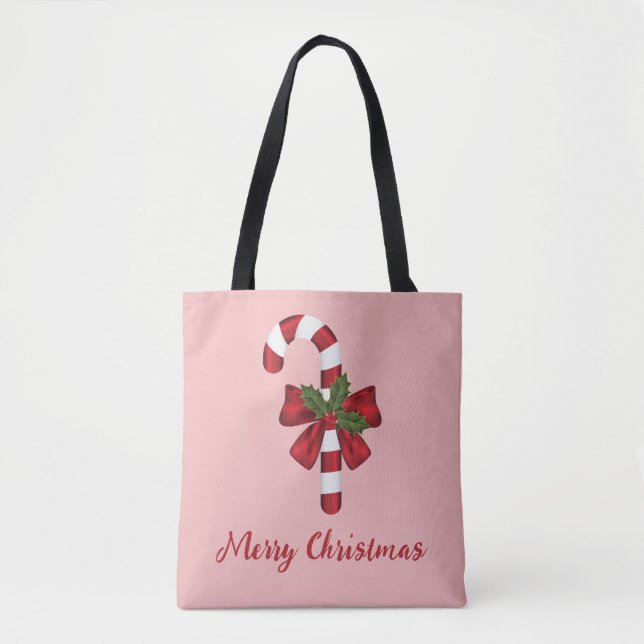 Bolsa Tote Bengala de Natal Vermelha e Branca e Texto (Frente)