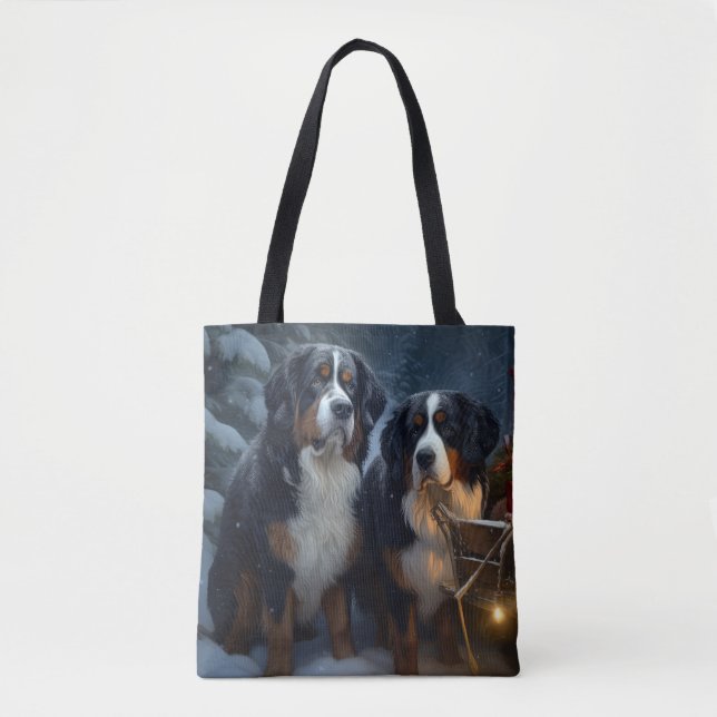 Bolsa Tote Bernese Mountain Snowy Sleigh Decência de Natal (Frente)