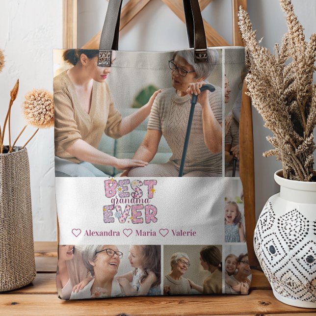 Bolsa Tote Best Grandma Ever Floral 6 Photo Collage (Criador carregado)
