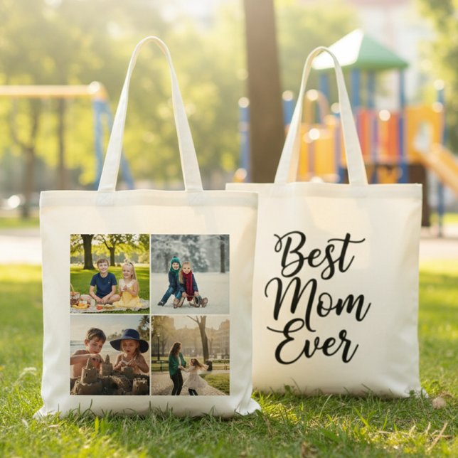 Bolsa Tote Best Mom Ever Black and White 4 Photo Collage (Criador carregado)