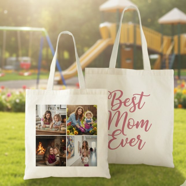 Bolsa Tote Best Mom Ever Custom 4 Photo Collage Pink Tote Bag (Criador carregado)