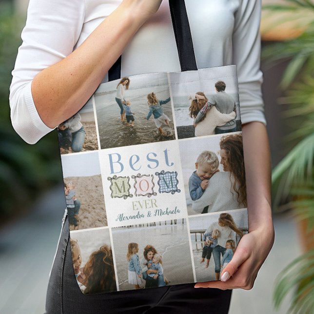 Bolsa Tote Best Mom Ever Plaid Patchwork Photo (Criador carregado)