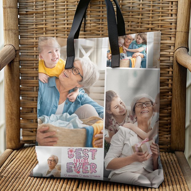 Bolsa Tote Best Yaya Ever Floral 4 Photo Collage (Criador carregado)