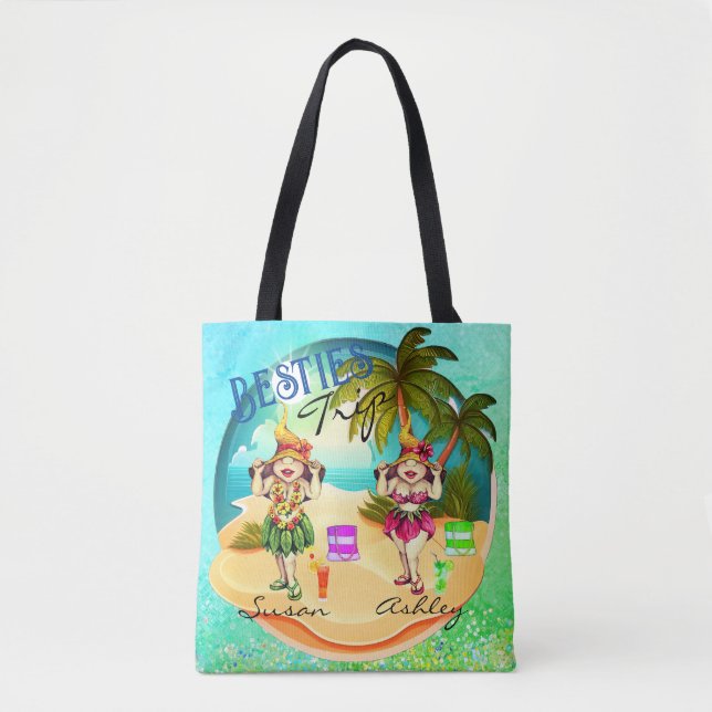 Bolsa Tote Besties viagem de verão praia azul personalizada (Frente)