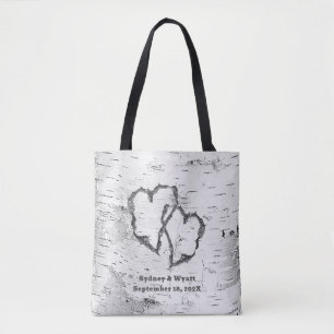 Bolsa Tote Bétula Branca Dois Corações Casamento Personalizad