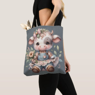 Bolsa Tote Bezerro Kawaii Farmcore em Vestido Floral Vintage