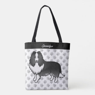 Bolsa Tote Bi-Black Shetland Sheepdog Cartoon Dog & Name