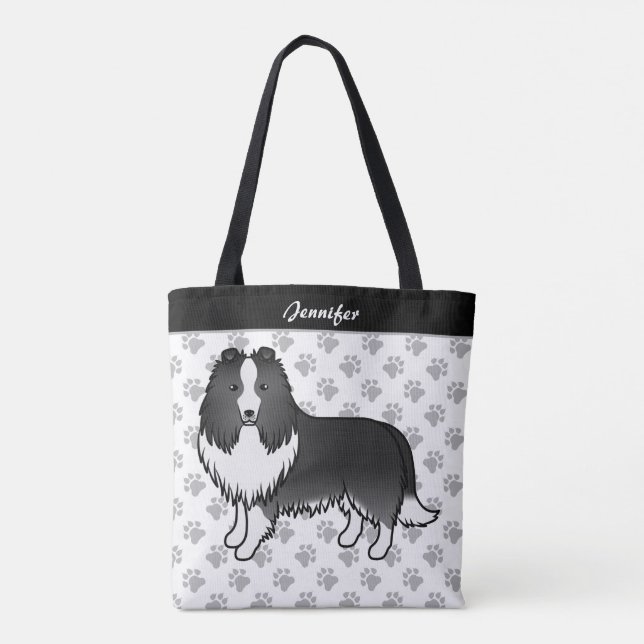 Bolsa Tote Bi-Black Shetland Sheepdog Cartoon Dog & Name (Verso)