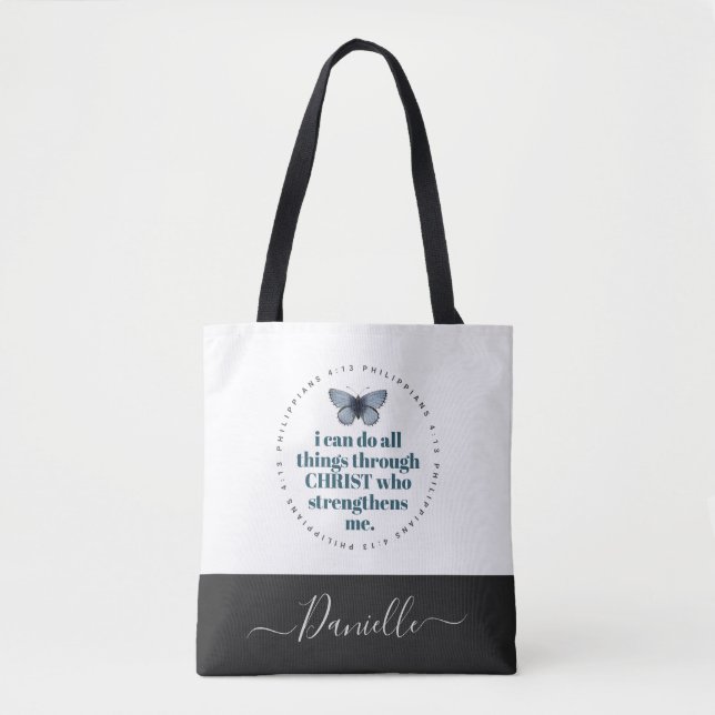 Bolsa Tote Bíblia Chic Verse Philippians Blue Butterfly Name (Frente)
