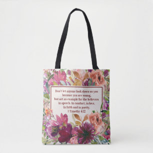 Bolsa Tote Bíblia Cristã Floral em Aquarela Coral Borgonha