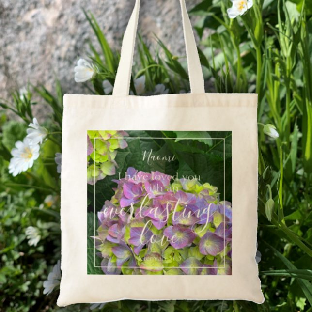 Bolsa Tote Bíblia Floral Verse Personalizar Monograma e Foto (Elegant custom text monogram tote bag. Add photo or keep hydrangea original photo. Everlasting love.)