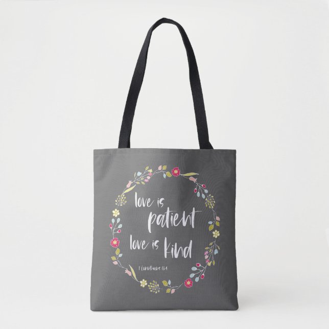 Bolsa Tote Bíblia Verso: O amor é paciente, o amor é gentil (Frente)
