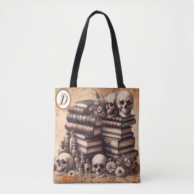 Bolsa Tote Biblioteca acadêmica gótica dos Skulls Monograma (Frente)