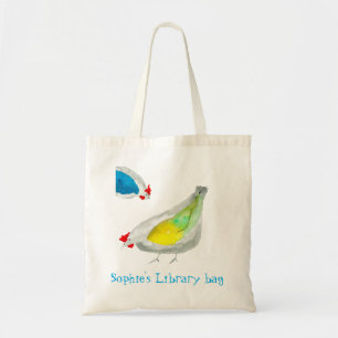 Bolsa Tote Biblioteca de galinhas fofas em aquarela nome