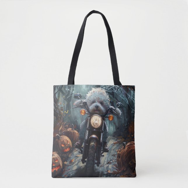 Bolsa Tote Bichon Frise Andando Motocicleta Assusta (Frente)
