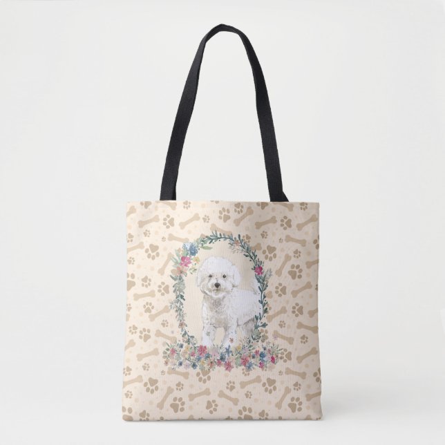 Bolsa Tote Bichon Frise Cog Paw Print & Dog Bone Cugado  (Frente)