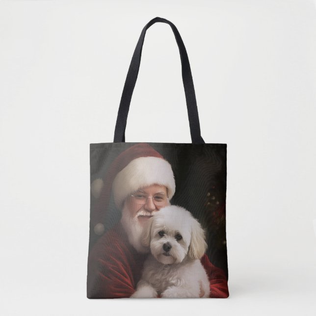 Bolsa Tote Bichon Frise com Papai Noel Natal Festivo (Frente)