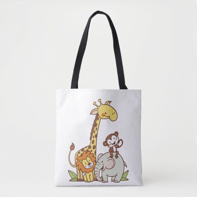 Bolsa Tote Bichos De Cartoon Bonitos - Girafa, Leão E Macaco (Frente)