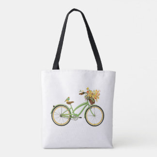 Bolsa Tote Bicicleta Com Cesto de Pássaro e Flor Verde Amarel