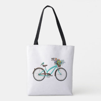 Bolsa Tote Bicicleta Com Cesto de Pássaro e Flores Azul Turqu