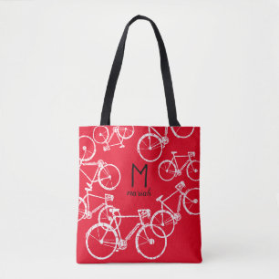 Bolsa Tote Bicicletas. Bicicletas brancas gráficas em vermelh