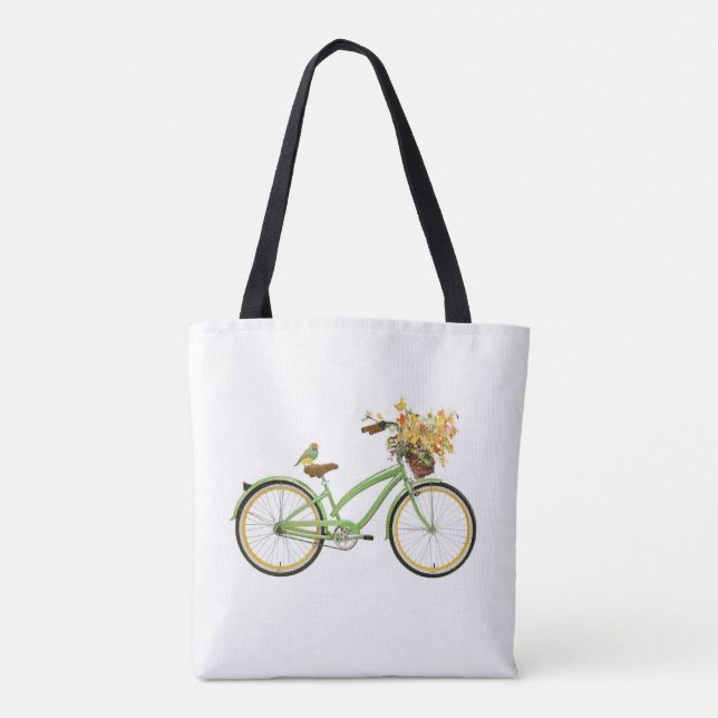 Bolsa Tote Bicycle With Bird and Flower Basket Green Yellow (Verso)