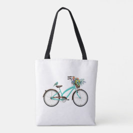 Bolsa Tote Bicycle With Bird and Flower Basket Turquoise Blue
