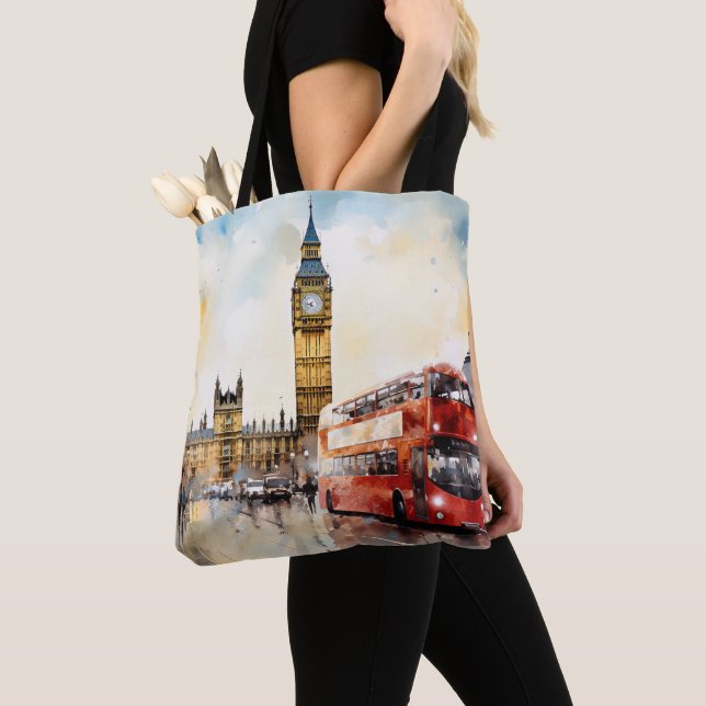 Bolsa Tote Big Ben e ônibus vermelho em Londres (Close Up)