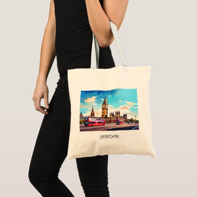 Bolsa Tote Big Ben e ônibus vermelhos em Londres (Frente (produto))