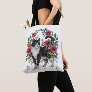 Bolsa Tote Bigodes Botânicos: Gato Floral Arte Popular