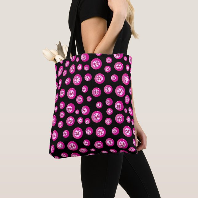 Bolsa Tote Bingo Balls Diversão Rosa e Preto (Close Up)