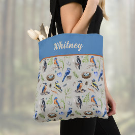 Bolsa Tote Bird Pattern Kingfisher, Blue Jay, Woodpecker Name