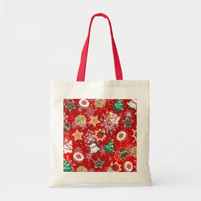 Bolsa Tote Biscoitos de Natal e Flocos de Neve em Vermelho (Frente)